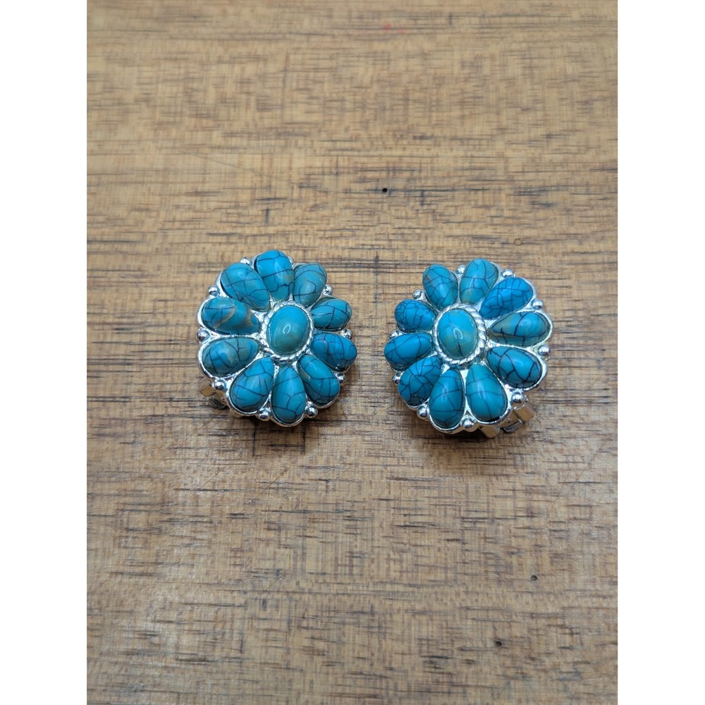 Unbranded Floral Clip On Earrings Womens OS‎ Turquoise Silver Tone Southwestern